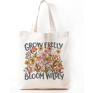 Aesthetic Tote Bag for Girls, Floral Canvas Tote Bag, Inspirational Gifts for Women, Grow Freely Bloom Wildly, Reusable Canvas Grocery Bags Foldable Lady Casual Vacation Beach Shopping Gym