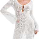 Saodimallsu Womens Crochet Swimsuit Coverup Summer Sexy V Neck Long Bell Sleeve Mesh Knit Bikini Cover Ups Beach Dresses (White, XL)