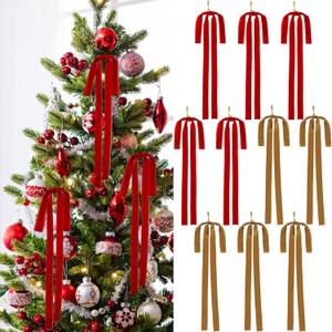 10PK Red Brown Velvet Bows Ornaments for Christmas, Long Velvet Ribbon Bow for Tree Swag Staircase Wreath Garland Fireplace, Great Holiday Decor, 23.5x15.7 Inch