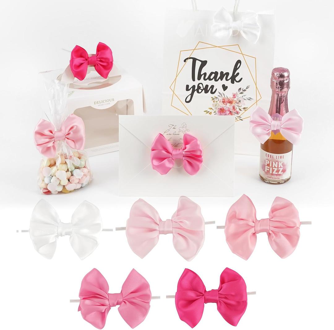 AIMUDI 5 Colors Pink Bows 3.5" Satin Bows with Twist Ties Bow for Gift Wrapping Crafts Treat Bags Candy Cake Pop Premade Bow for Wedding Baby Shower Birthday Party Mother's Day Decoration, 50 PCs