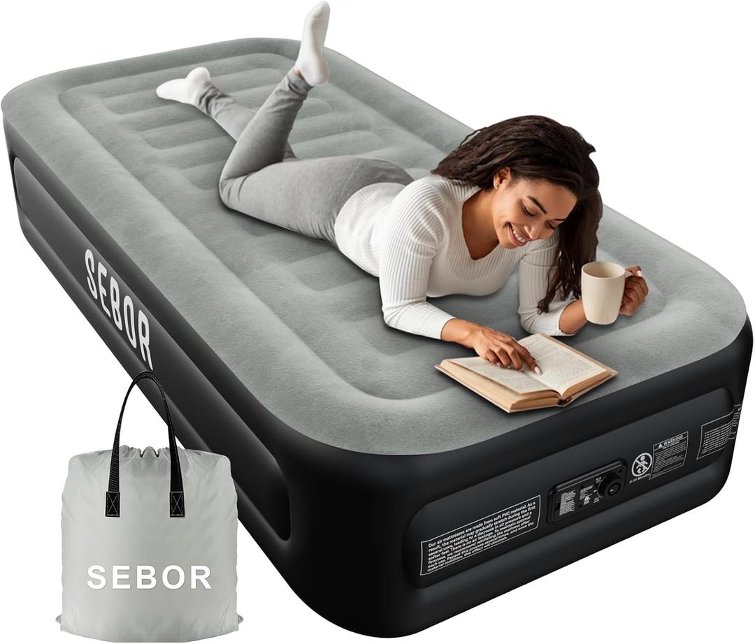 Sebor Twin Air Bed with Built-in Pump, 18" Durable Self-Inflating Air Mattress with High-Speed Air Pump, Comfortable Blow Up Mattress, Inflatable Bed for Guests, Camping, Travel