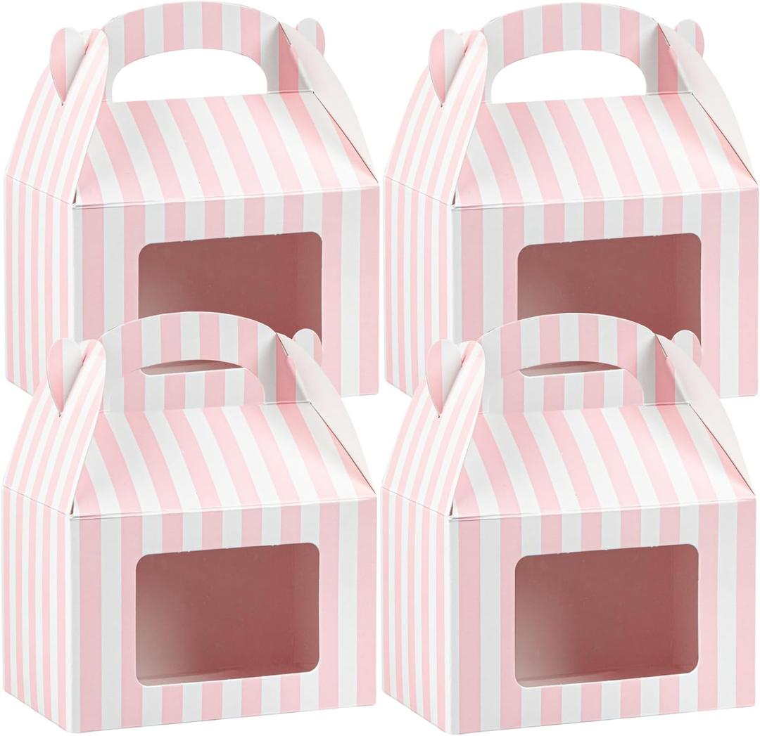 Bio Tek 4 x 2.5 x 2.5 Inch Gable Boxes For Party Favors, 25 Attractive Gift Boxes - Striped Pattern, Pink And White Paper Barn Boxes, Clear PET Window, With Built-In Handle