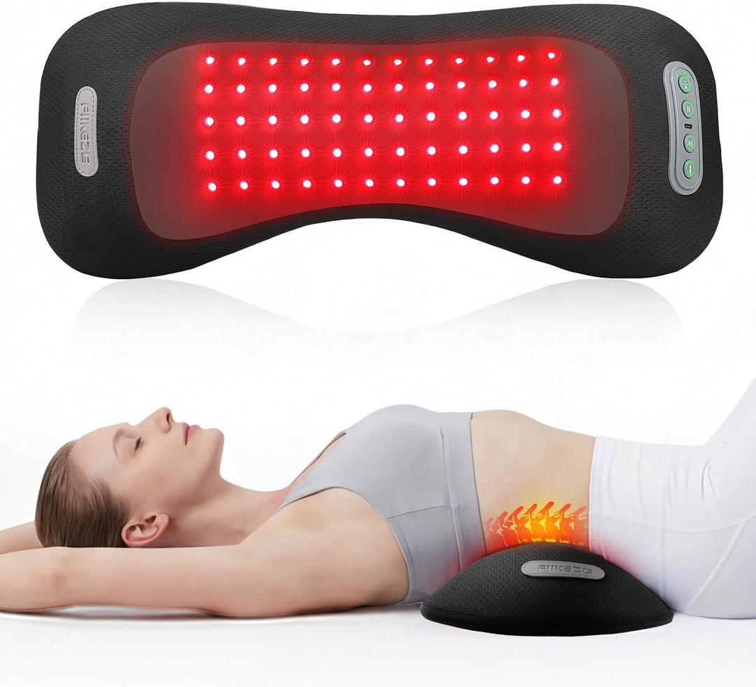 4-in-1 Lumbar Support Pillow Cordless Rechargeable 5000mAh with Red Light Therapy, Electric Lower Back Massager w/Vibration, Airbag Traction & Heating for Pain Relief Deep Tissue, Black
