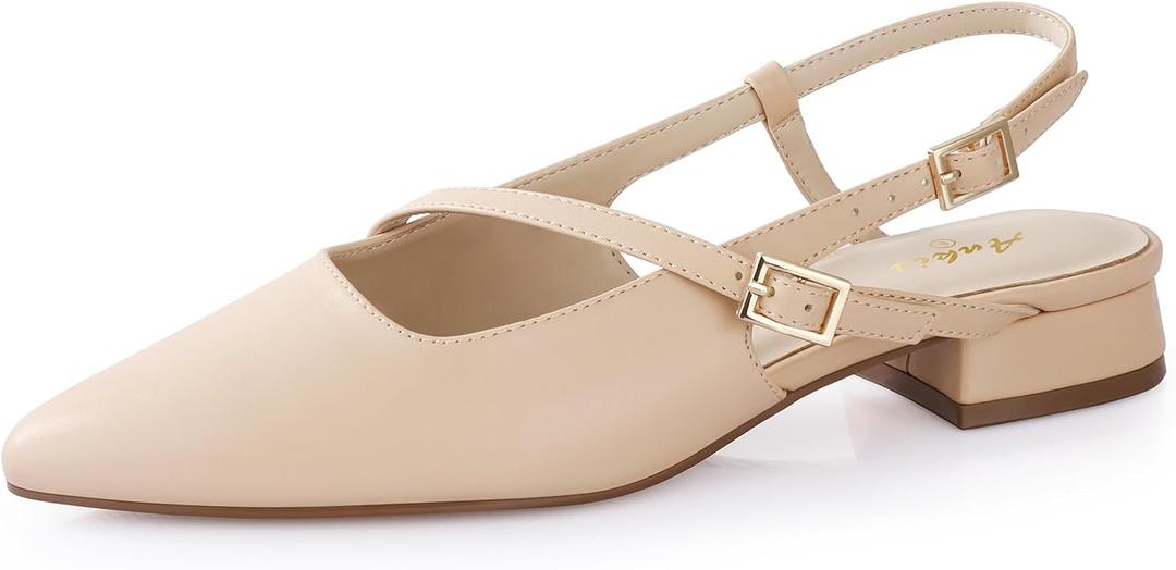 Ankis Slingback Flats for Women 1Inch Low Heels Closed Pointed Toe Ankle Strap Pumps Comfortable Walking Wedding Party Dress Shoes (8.5)