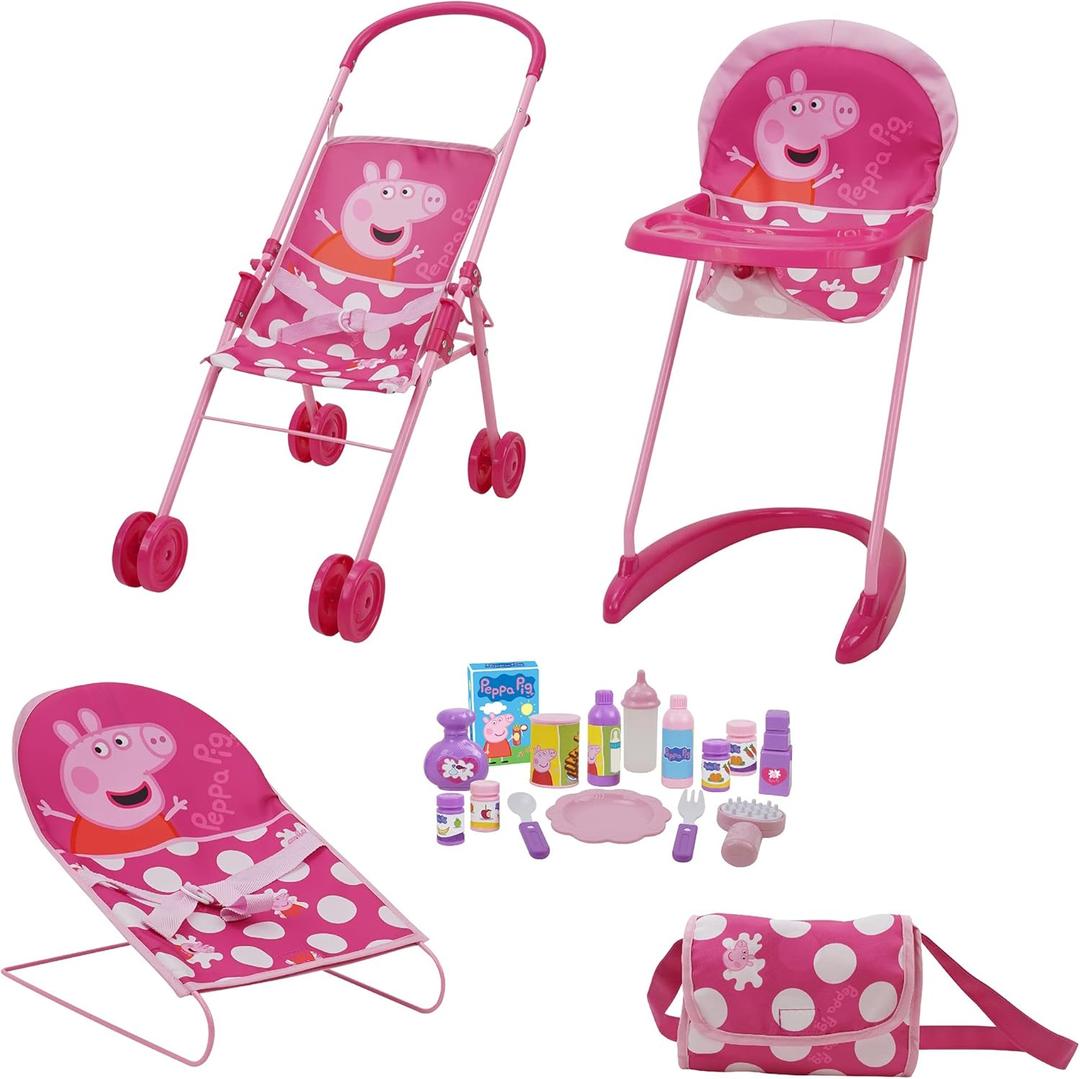 Peppa Pig: 19 Piece Doll Sleep N' Play Set - Pink & White Dots Travel, Feed, Includes Half Folding Stroller, Bouncer, Highchair, Matching Diaper/Handbag, for Kids Ages 3+