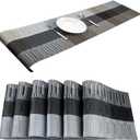 Placemats, Washable PVC Table Mats, Woven Vinyl Placemat for Dining Table Place Mats Set (6 Placemats and 1 Table Runner, Black and Grey)