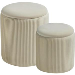 Round Set of 2 Ottoman with Storage-Upholstered Velvet Vanity Stool for MakeupMultifunctional Ottomans Coffee Table Padded Seat Foot Rest for Living Room&Bedroom(White)