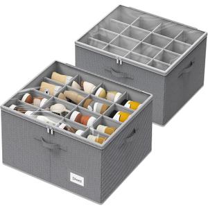 2Pcs Shoe Organizer for Closet Washable PP Board, Large Fabric Shoes Organizer Storage Box Foldable, Adjustable Dividers Shoe Storage Bins with Lid for Canvas Sandals Sneakers Fits 16 Pairs Gray
