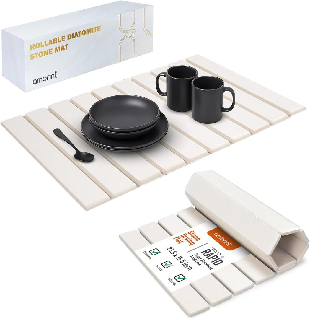 Stone Dish Drying Mat For Kitchen Counter Off-White 24"x16"  Quick Dry & Foldable Diatomaceous Earth Mat for Dish , Bottle , Cup , Tableware & Match Any Countertop. (Large)