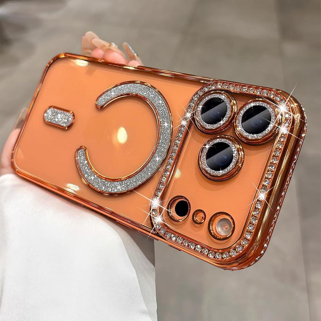 Magnetic Glitter Case for iPhone 17 Pro Max 6.9 [Compatible with MagSafe] [Built-in Lens Protector] Clear Sparkle Diamond Camera Protection Phone Case for 17 Pro Max Women Girls - Cosmic Orange