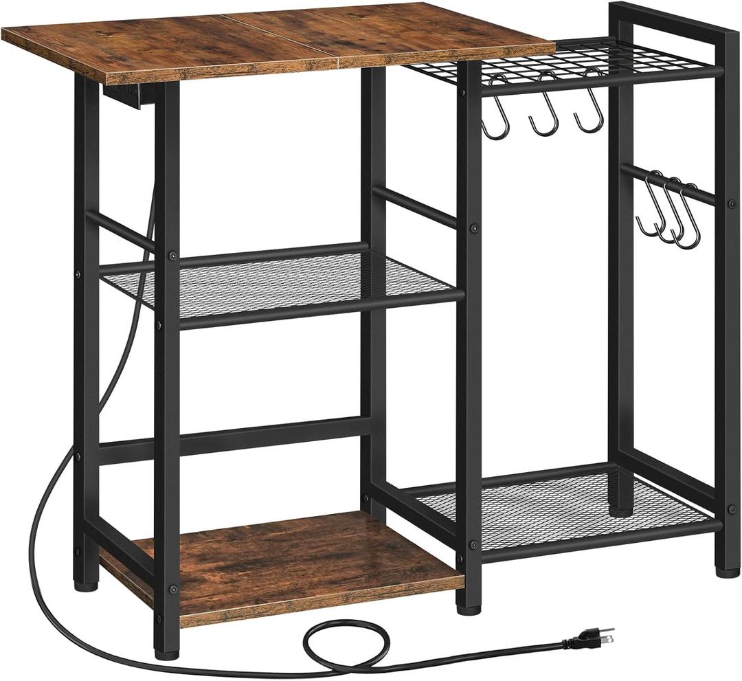 HOOBRO Bakers Rack with Power Outlet, Microwave Stand with Pots Rack, Kitchen Stand, Coffee Bar Table with 6 S Hooks, Kitchen Utility Storage Shelf for Spices, Pots, Black and Rustic Brown BF15UHB01G1