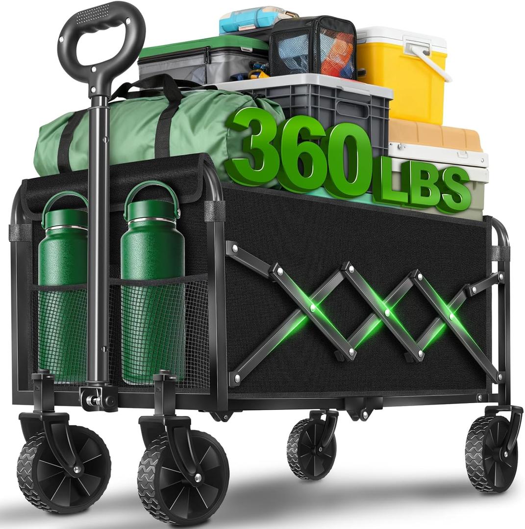 Folding Wagon Cart with All-Terrain Wheels – Heavy Duty Collapsible Utility Wagon for Grocery, Sports, Garden, Camping, Shopping (Black 360LBS)