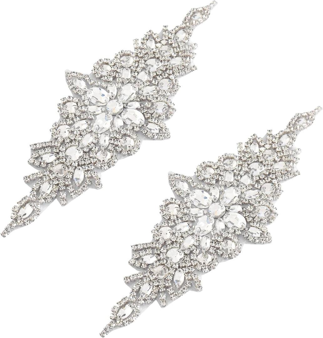 DUOBAO Crystal Rhinestone Applique 2PCS Silver Wedding Sash Bridal Belts Appliques Pearl Handmade Rhinestone Belt for Prom Bridesmaid Dress