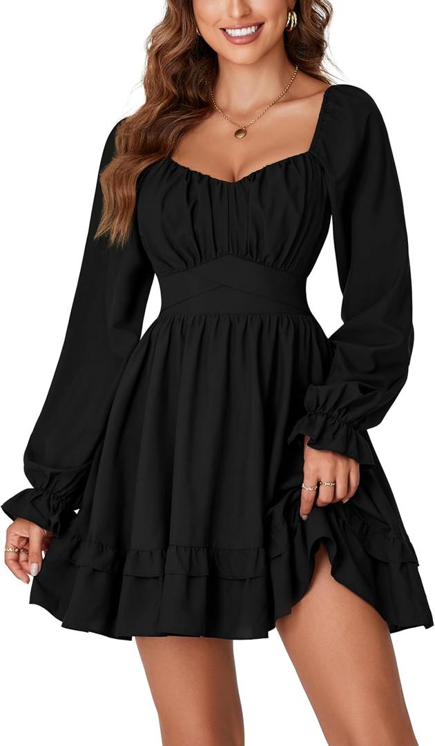 KIFOVEN Women's Lantern Long Sleeve Smocked Wrap Tiered Ruffle Flowy A Line Short Mini Dress (Black, XL)
