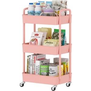Sywhitta 3-Tier Plastic Rolling Utility Cart with Handle, Multi-Functional Storage Trolley for Office, Living Room, Kitchen, Movable Storage Organizer with Wheels, Pink