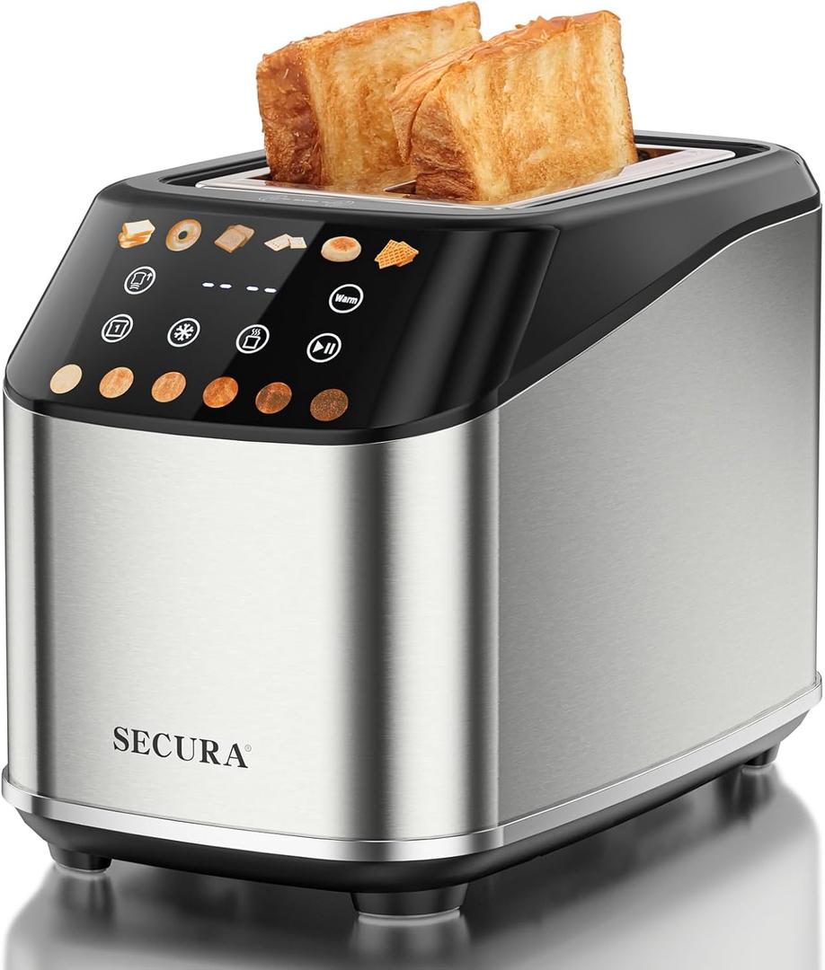 Secura 2 Slice Toaster, Fully Automatic Digital Stainless Steel Toaster with Countdown Timer & Keep Warm Function, 6 Browning Levels, Bagel/Defrost/Reheat/Single-Slice Modes, Removable Crumb Tray