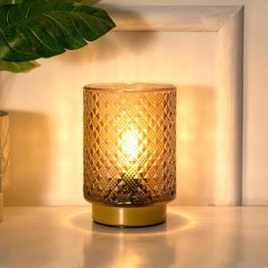Battery Operated Lamp with Timer, Small Table Lamp Bedside Decor Ambient Light, Glass Cordless Battery Lamp for Bookshelf Living Room Entryway Diamond Design-Amber