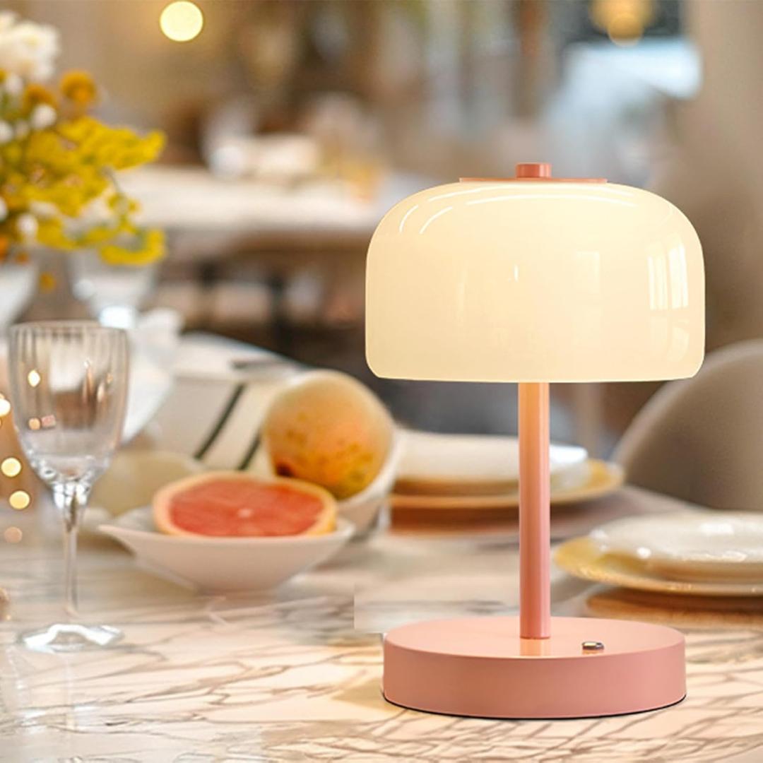 Oneach Portable Cordless Table Lamp, Rechargeable Battery Powered Lamp with Opal Glass Shade, 3Way Dimmable LED Touch Mushroom Table Lamp for Bedroom, Bedside, Living Room, Dining Room, Patio, Pink
