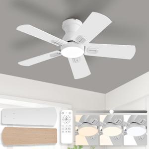 36-Inch White Ceiling Fans with Lights, Remote Control, Flush Mount, Dimmable, Reversible, Power-Off Memory, Quiet DC Motor  Modern Hugger Ceiling Fan for Living Room, Bedroom, Low Profile