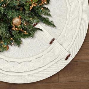 KCFESTIHUE Christmas Tree Skirt, 48 Inch Rustic Holiday Decorations with Cable Knit Pattern, Thick Knitted Christmas Skirt for Farmhouse Holiday Decor, White