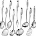 304 Stainless Steel Kitchen Utensil Set - 9 PCS Serving Utensils, Cooking Utensil, Solid Spoon, Slotted Spoon, Fork, Spatula, Ladle, Skimmer Spoon, Slotted Spatula Tunner, Spaghetti Spoon, Large Spoon (Sliver)