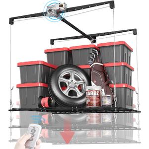 Motorized Garage Ceiling Storage Racks with Remote Control, 4x4 FT Overhead Garage Storage Rack, Heavy-Duty Lift Storage System, Space-Saving Hanging Shelves, 250 Lbs Capacity