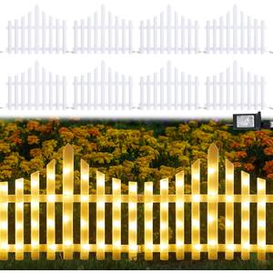 Hopolon 8 Pack 36LED Lighted Garden Fence,13.7x11.8inch Christmas Tree Fence Lights Plug in,8 Modes White Plastic Edgings Picket Decorative Fence for Landscape Patio Yard Path Home Xmas,Warm White