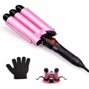 Three Barrel Curling Iron 1 Inch, 2 Heat Settings 320F/410F, Ceramic Triple Hair Waver for Beach Waves, Dual Voltage 110-240V, Auto Shut-Off, Glove Included, Pink