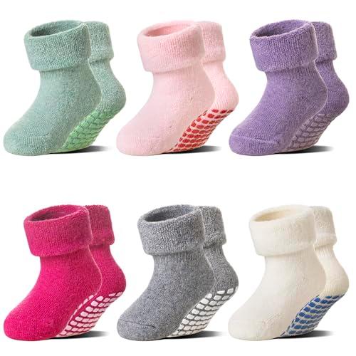 Eocom 6 Pairs Baby Boy Girl Non Slip Socks Child Toddler Winter Thick Soft Wool Kids Warm Socks with Grips(Grey/Rose Red/White/Purple/Light Green/Pink, 0-12 Months)