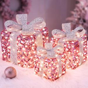 Christmas Lighted Gift Boxes, 170 LEDs Pink Christmas Decorations with Silver Bow, 8 Modes & Timer Set of 3 Plug-in Warm White Xmas Lights Decor for Yard Door Holiday Party Indoor Outdoor
