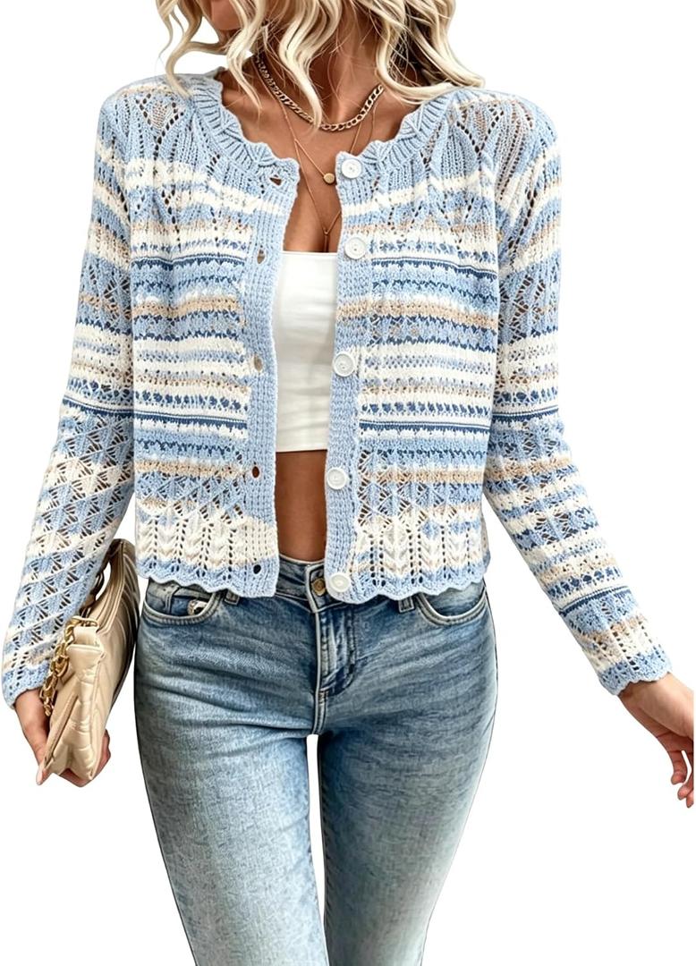 Urchics Women's Hollow Out Knit Cardigan Sweaters Scalloped Crewneck Cropped Sweater Long Sleeve Front Button Fall Tops (Blue, L)