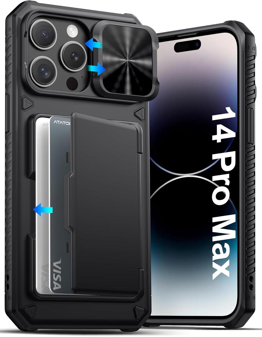 ATATOO for iPhone 14 Pro Max Case Wallet, Built-in Card Holder (3-5 Cards) [RFID Blocking] & Slide Camera Cover, Military Grade Protection, Rugged Silicone Phone Case for 14 Pro Max 6.7" 2022, Black