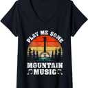 Womens Vintage Play Me Some Mountain Music Mandolin V-Neck T-Shirt (Medium, Black)