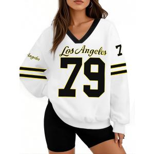 LUKYCILD Women Oversized Jersey Shirt V Neck Sweatshirt Number Graphic Pullover Y2k Streetswear Graphic Long Sleeve Tops (X-Large, White)