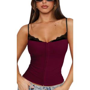 Women Lace Trim Tank Cami Top with Built in Bra Cute Padded Lingerie for Summer Date Night Going Out (X-Small, Burgundy)