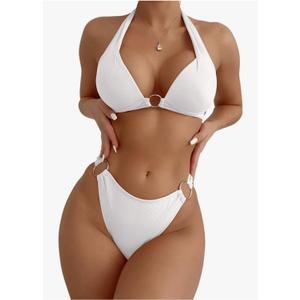 SweatyRocks Women's Ring Linked Halter Push Up Bikini Swimsuit High Stretch Bathing Suit Swimwear Set Swimming Suit Two Piece Large