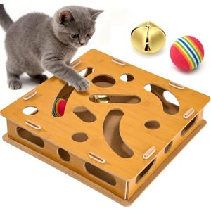 Interactive Wooden Cat Puzzle Toy with Ball and BellIndoor Hunting Play Toy to Stimulate Your Cats Energy and Instincts,Cat Toy Box for Indoor Cats and Kittens