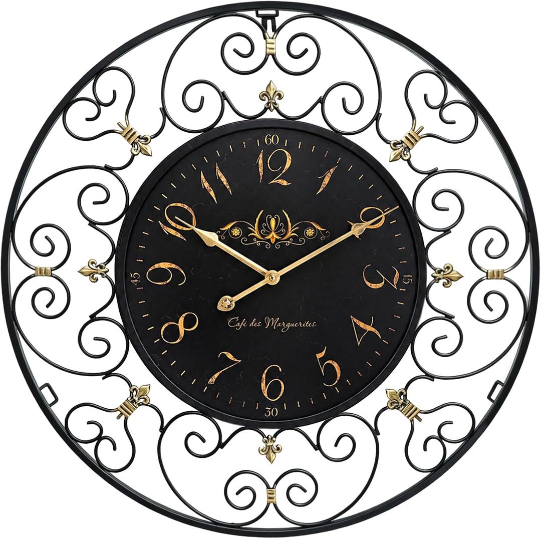 24 Inch Vintage Iron Metal Wall Clock, French Elegant Retro Decor, Large Farmhouse Wall Clock, Silent Battery Operated Wall Clocks for Living Room Kitchen Bedroom