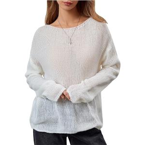 RoseSeek Women's Sheer Crochet Sweaters See Through Long Sleeve Knit Loose Pullover Tops, Size M