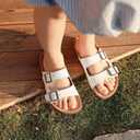 Kids Sandals Cork Footbed Non-slip Slides for Boys Girls Lightweight Summer Slippers with Adjustable Straps Double Buckle Soft Sole Sandals for Indoor Outdoor (White, 6 Big Kid)