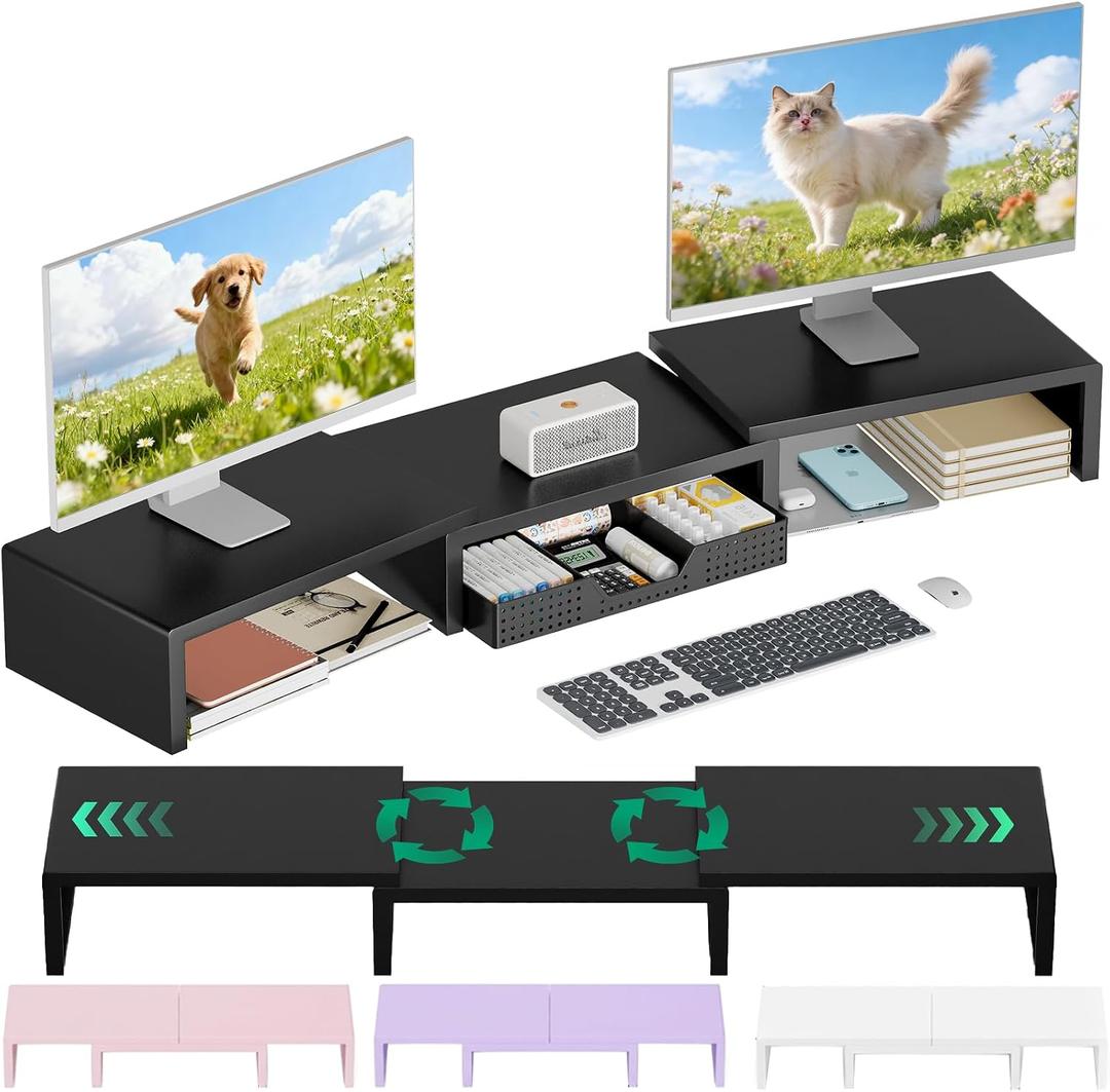 OPNICE Dual Computer Monitor Stand Riser, Desk Organizer with Drawer, Office Desk Accessories & Workspace Organizers for Home Office Supplies, Black