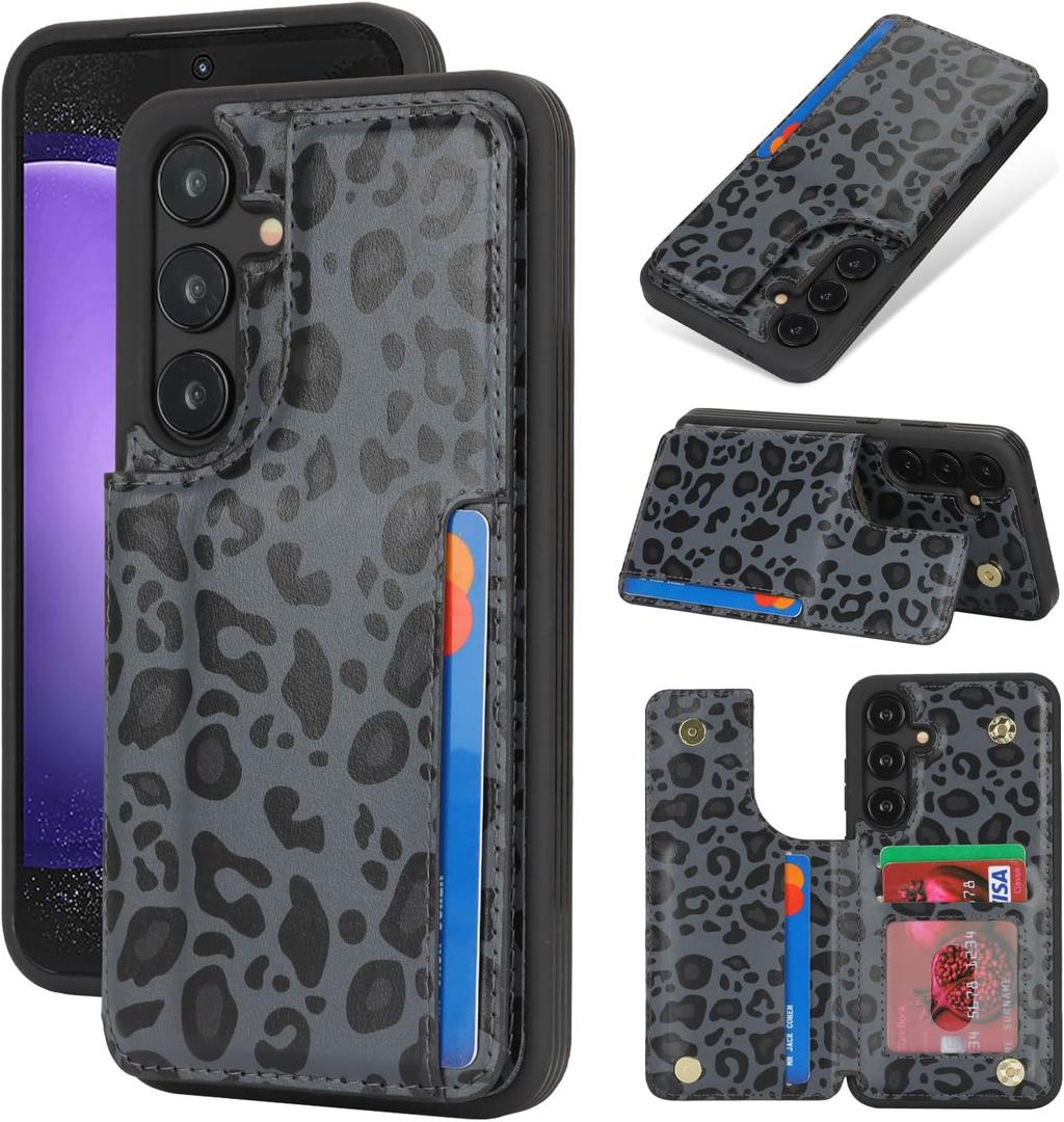iCoverCase Compatible with Samsung Galaxy S23 FE Case with Card Holder, S23 FE Wallet Case for Women Men [RFID Blocking] PU Leather Protective Phone Case for S23 FE (Black Leopard)