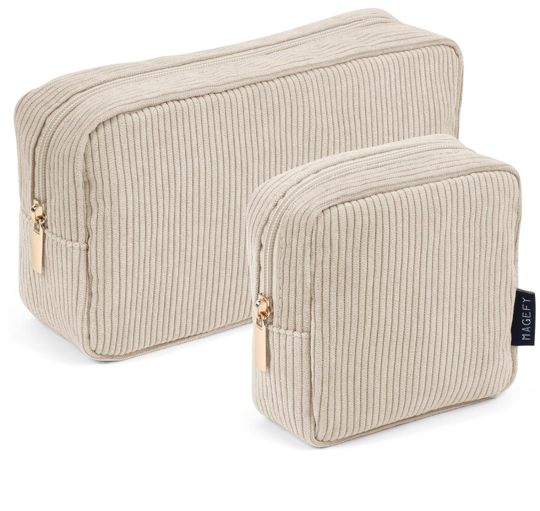 MAGEFY Small Makeup Bag for Purse Mini Cosmetics Bag Corduroy Cute Cosmetic Pouch for Women with Slip-in Pockets