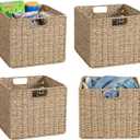 12x12x10in Seagrass Storage Baskets Set of 4, Large Wicker Storage Basket, Decorative Seagrass Shelf Basket, Pantry Baskets Organization,Folding Storage Cube Bins