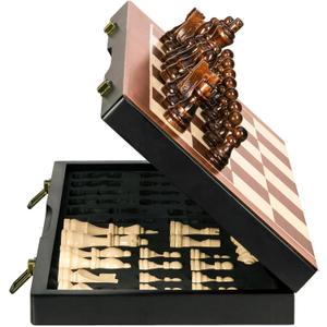 Chess Magnetic Wooden Chess Set 15" Unique Chess Board Game with Chess Pieces Storage Slots, Tournament Portable Folding Travel Chess Sets for Kids Adults Beginner and Pros, 2 Extra Queens