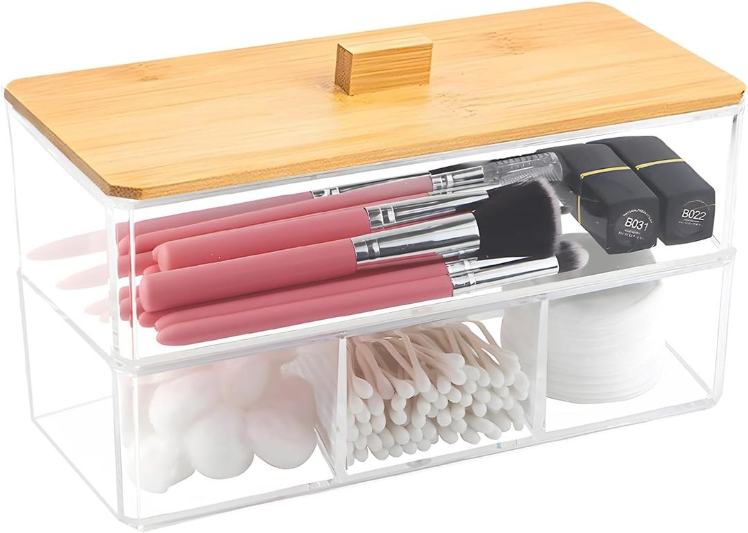 Qtip Holder, Cotton Swab and Ball Dispenser 2 Layer with Wood Lid Clear Acrylic Bathroom Canisters Cotton Pad Organizer Bathroom Vanity Countertop