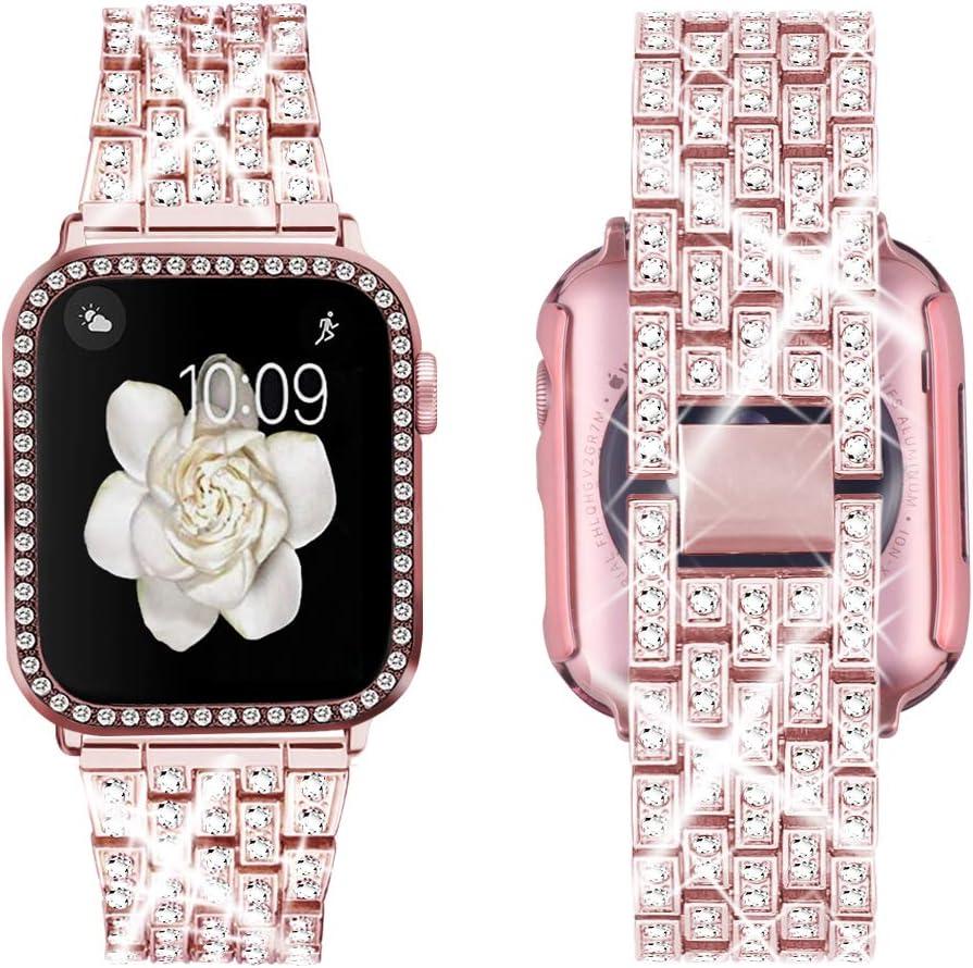Supoix Compatible with Apple Watch Band 38mm 40mm 41mm 42mm 44mm 45mm 46mm 49mm+ Case, Women Jewelry Bling Diamond Rhinestone Replacement Metal Bands & 2 Pack PC Protector Case for iWatch Ultra 2/ Ultra Series 10/9/8/7/6/5/4/3/2/1/SE (Pink)