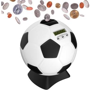 MOMMED Piggy Bank for Boys,Digital Bank,Soccer Ball Piggy Bank,Soccer Gifts for Boys,Coin Bank with Football Look,Coin Bank with Automatic LCD Display(Small) (Black-white)