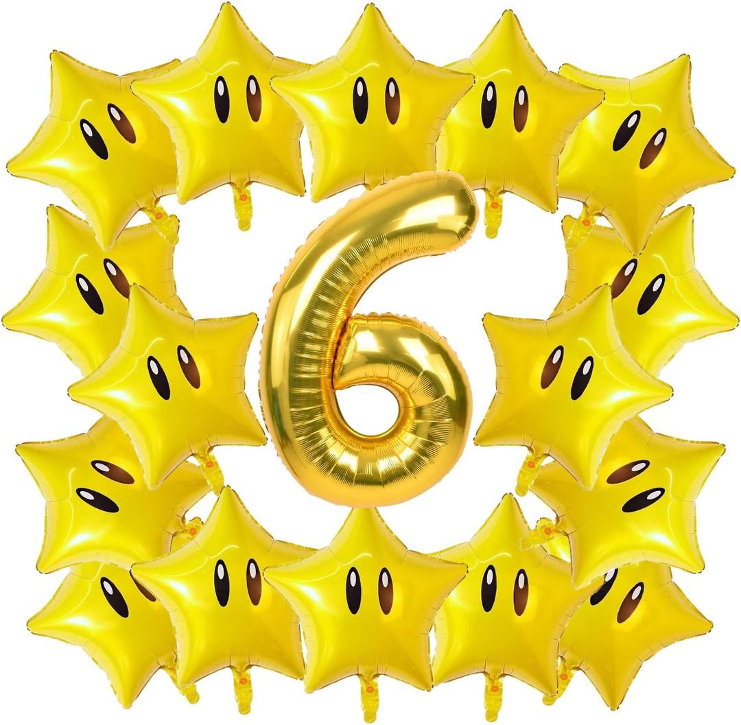 16PCS Foil Star Balloons, 40Inch Number 6 and Star Foil Balloons For Game Party 6th Birthday Party Decorations Children Party Supply Party Decor 6th