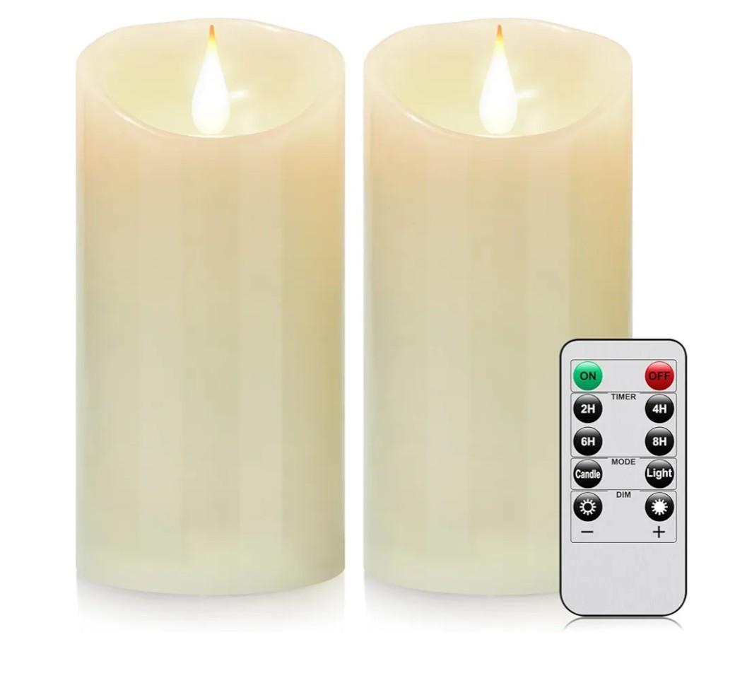 Flameless Battery Operated LED Candles 3D Wick with10key Button Remote Control 24-Hour Timer Set of 2 Electric Flickering Pillar Real Wax，Wedding, Party, Home Decoration